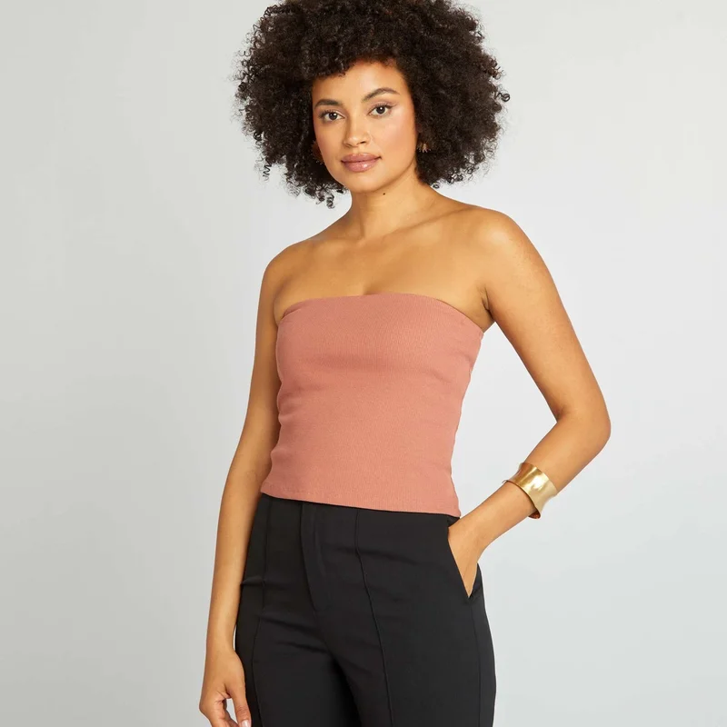 Kiabi Ribbed Strapless Crop Top Pink