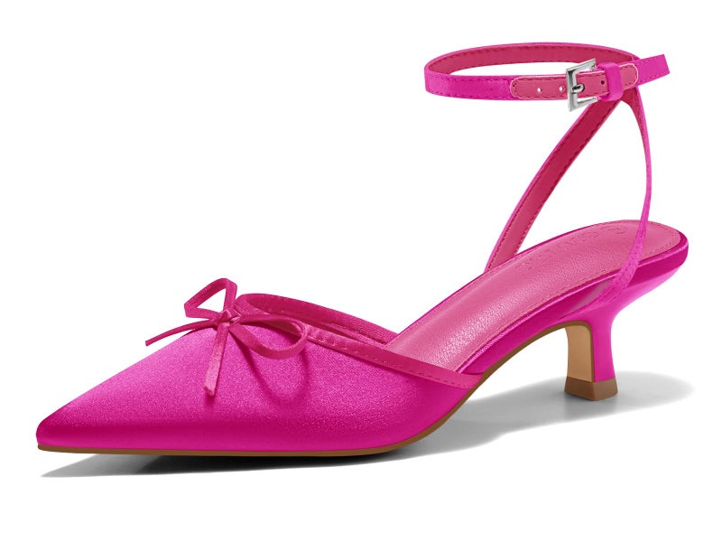 Coutgo Satin Kitten Low Heels with Bow Closed Pointed Toe Short Pumps Dress Wedding Party Shoes, Hot Pink, Size 7.5 - Image 1