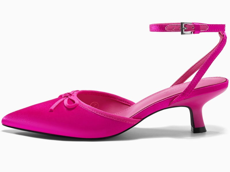 Coutgo Satin Kitten Low Heels with Bow Closed Pointed Toe Short Pumps Dress Wedding Party Shoes, Hot Pink, Size 7.5 - Image 4