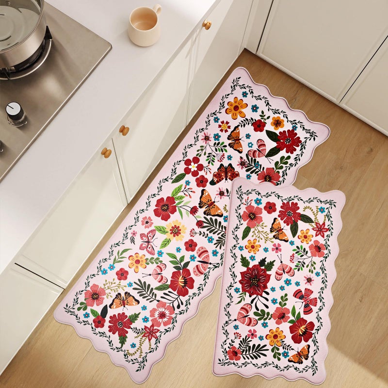 UKISS Kitchen Rugs, 2PCS Waterproof Kitchen Mats, Cushioned Anti Fatigue Kitchen Mat, Non-Slip Boho Comfort Mat for Kitchen, Floor Home, Sink, Laundry,17.3"x28"+17.3"x47", White &Pink (Pink) - Image 1