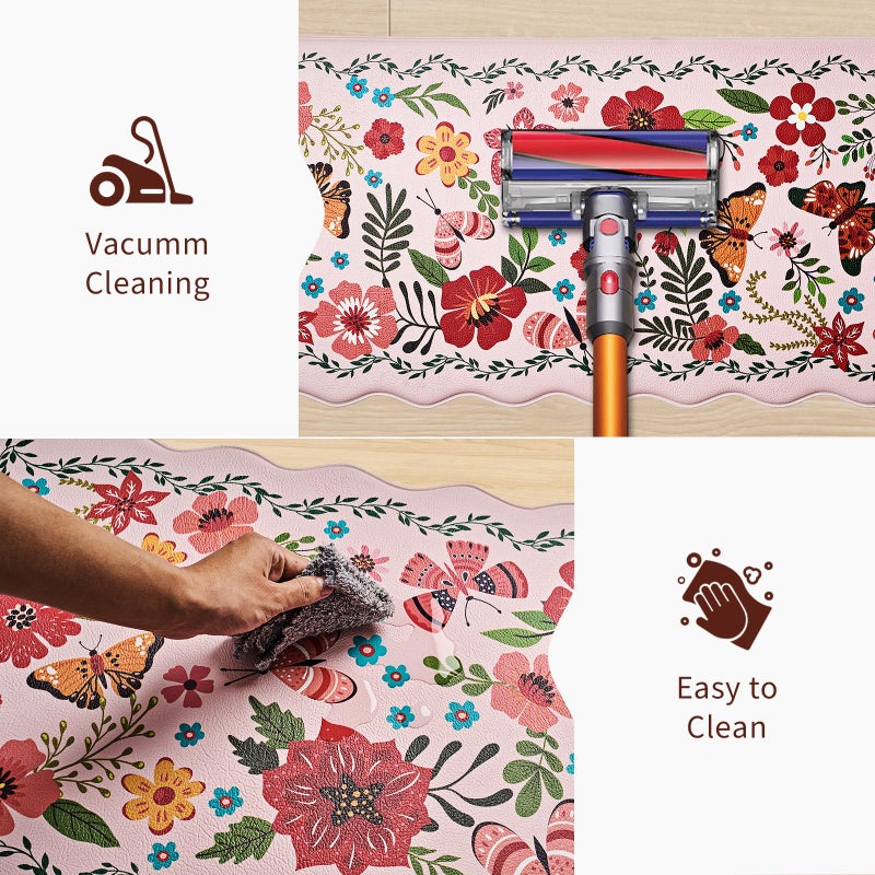 UKISS Kitchen Rugs, 2PCS Waterproof Kitchen Mats, Cushioned Anti Fatigue Kitchen Mat, Non-Slip Boho Comfort Mat for Kitchen, Floor Home, Sink, Laundry,17.3"x28"+17.3"x47", White &Pink (Pink) - Image 5