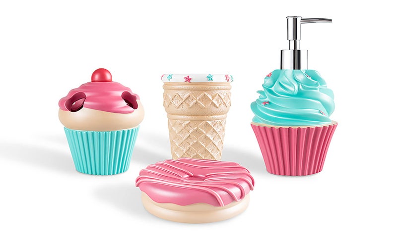 YangShiMoeed YangShiMoeed Bathroom Accessories Sets Organizer Complete with Milkshake LotionSoap DispenserEgg Tube Bath CupTumblerDonut Soap DishCake Toothbrush Holder for Kids Bath Decor Pink 