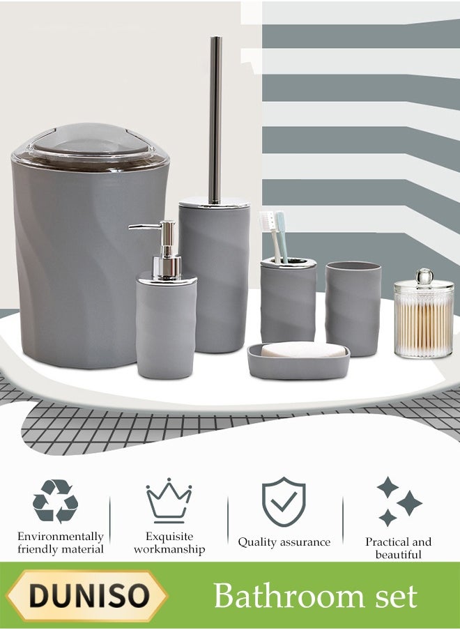 DUNISO 7 Pieces Of Bathroom Accessories Set, Household Toiletries Set, Bathroom Storage Set,Sturdy And Durable， With Hand Sanitizer Bottle, Toothbrush Cup, Mouthwash Cup, Soap Box, Toilet Brush, Trash Can, Cotton Swab Box,Suitable For Family And Travel Use(Grey)  - Image 1