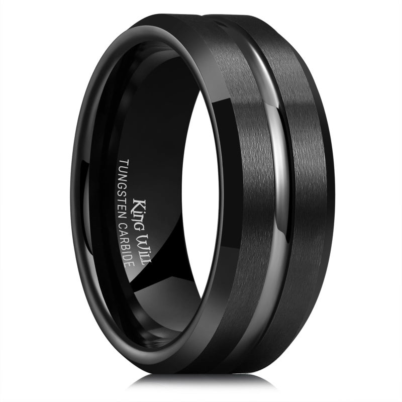 King Will Tungsten Carbide Wedding Band Ring for Men -8mm Men Rings in Black Grooved Center, Wedding Band Suitable For Every Day Wear Comfort Fit Size 5 - Image 1