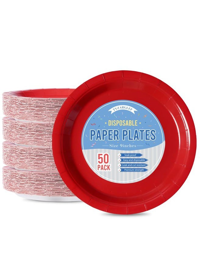 Tyzarglef Disposable Paper Plates Red, 50 Count 9” Dinner Plates Bulk for Party Supplies, Colored and Sturdy Party Plates for Birthday, Christmas, Baby shower, Bridal party supplies - Image 1