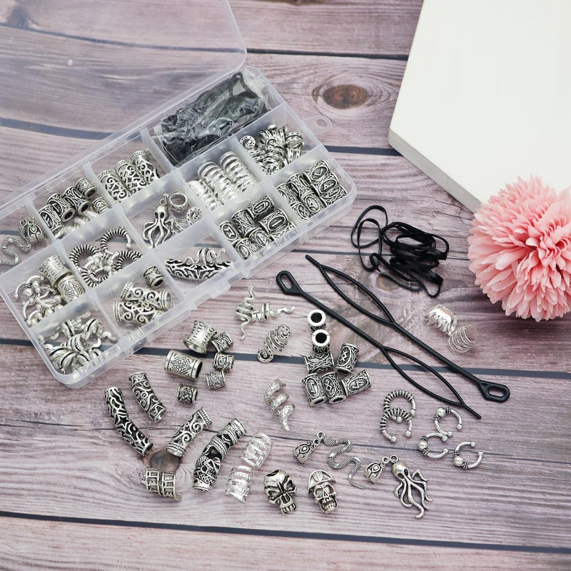 Fscwlmon 207Pcs Viking Hair Jewelry Nordic Runes Tube Beads,Accessories Kit for Braids Dreadlock Beard Locs,Metal Clips Cuff Rings,Braiding Beard Decoration Bracelets Pendant Necklace DIY Silvery - Image 5