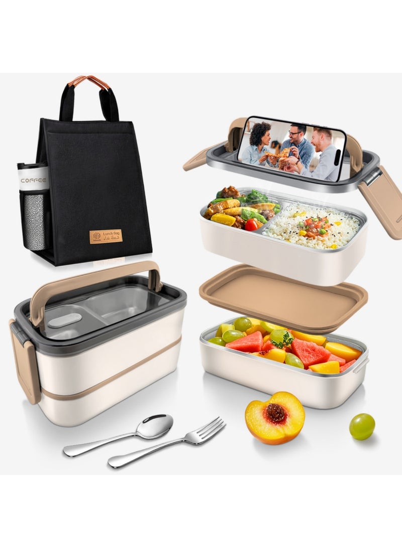 Adando Stainless Steel Lunch Box-1400ml Double Layer Microwave-Safe Bento Box- 304 Leakproof Tiffin box- Thermos Lunch Box Thermal Insulation Detachable- for Adults Students Office School- with Thermal Bag & Cutlery - Image 1