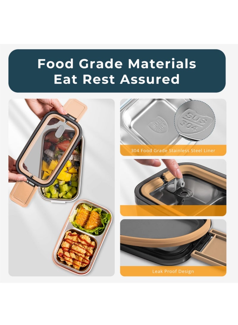 Adando Stainless Steel Lunch Box-1400ml Double Layer Microwave-Safe Bento Box- 304 Leakproof Tiffin box- Thermos Lunch Box Thermal Insulation Detachable- for Adults Students Office School- with Thermal Bag & Cutlery - Image 3