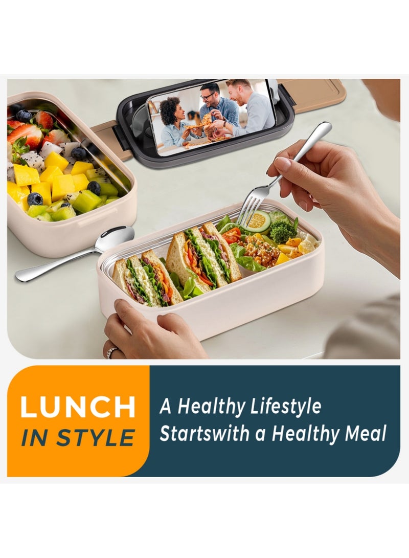 Adando Stainless Steel Lunch Box-1400ml Double Layer Microwave-Safe Bento Box- 304 Leakproof Tiffin box- Thermos Lunch Box Thermal Insulation Detachable- for Adults Students Office School- with Thermal Bag & Cutlery - Image 4