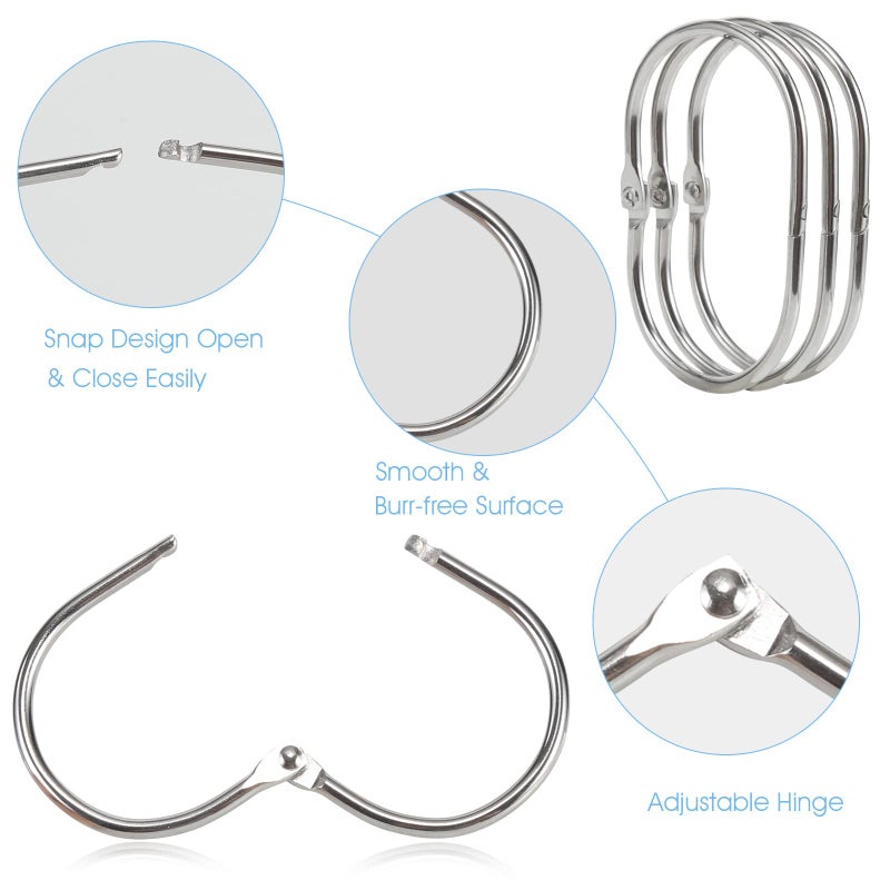 Goowin Shower Curtain Rings, 12 Pcs Shower Curtain Hooks, Oval Snap Shower Rings for Curtain, Metal Shower Curtain Rings Rust Proof, Glide Smoothly Shower Hooks for Shower Curtain Rod (Chrome) - Image 4