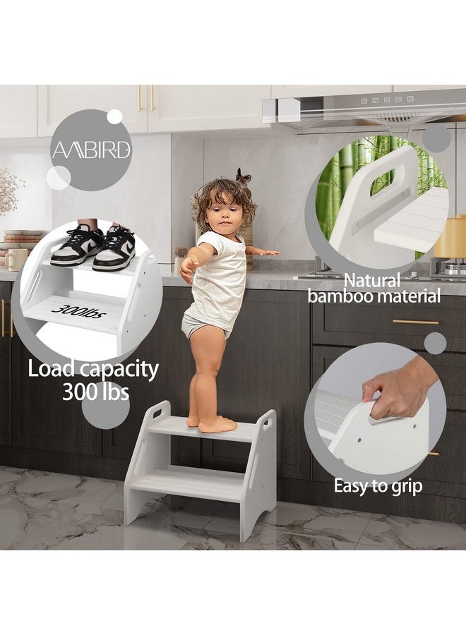 AMBIRD Wooden Two Step Stools Toddler with Safety Non-Slip Pads and Handles, Bamboo Step Stool for Bathroom, Bedroom, Kitchen Dual Height Step Stools for Kids (White) - Image 2