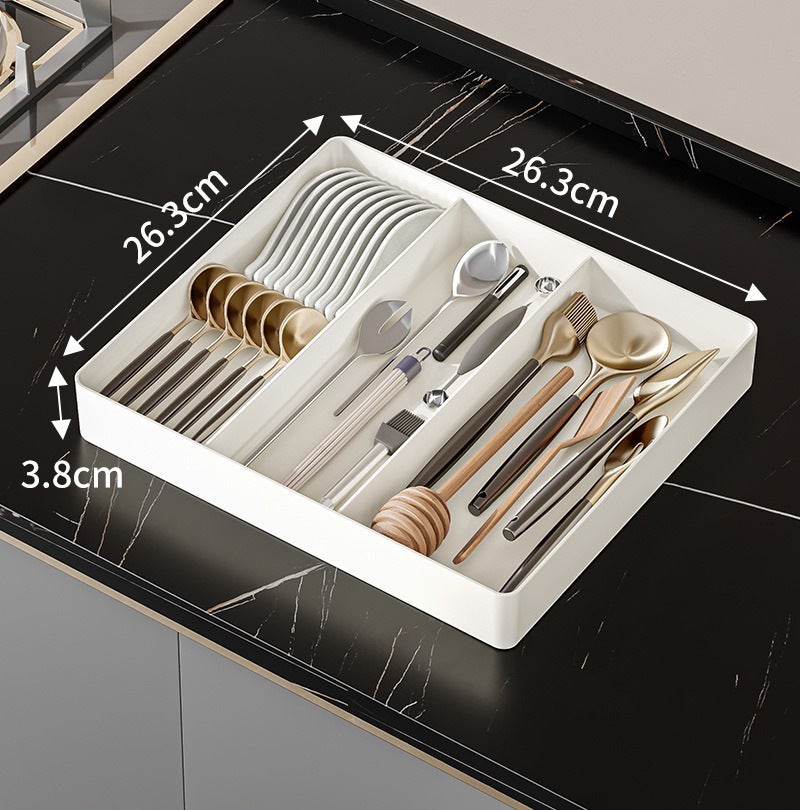 Kitchen cabinet drawer storage box built-in box tableware chopsticks spoon plastic wrap retractable finishing box(Section A: Single Section Triple) - Image 1