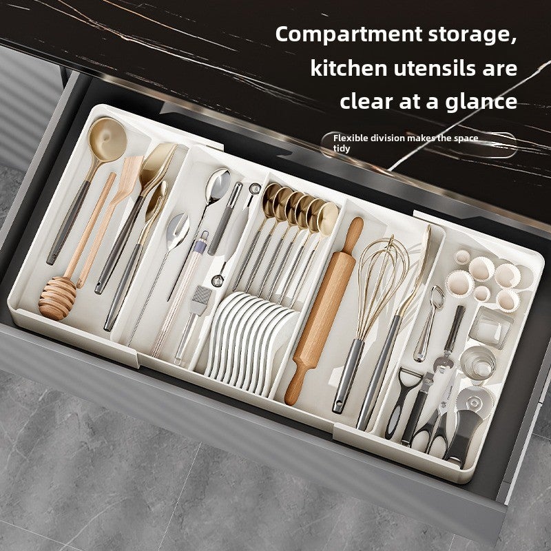 Kitchen cabinet drawer storage box built-in box tableware chopsticks spoon plastic wrap retractable finishing box(Section A: Single Section Triple) - Image 4