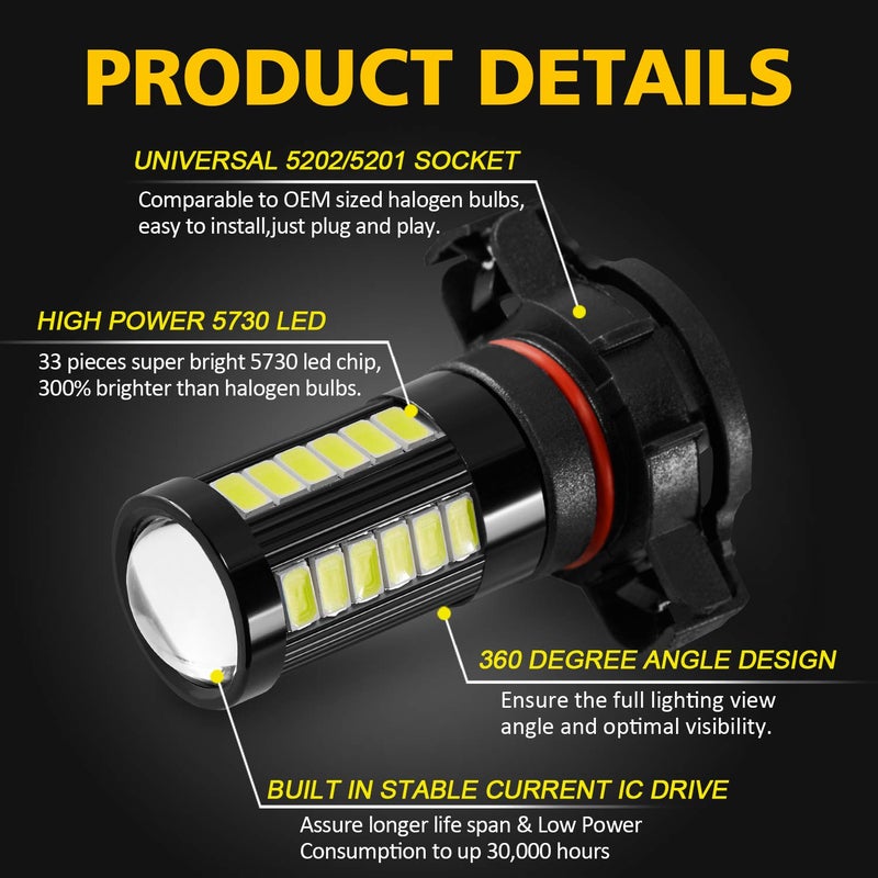 AUXLIGHT مصابيح ضباب LED AUXLIGHT 5202 5201 12085 9009 H16 (أوروبي) 6000K أبيض زينون، سطوع فائق 2800 لومن 33 شريحة SMD مصابيح تشغيل نهارية DRL بديل للسيارات والشاحنات (عبوة من 2)  - Image 2
