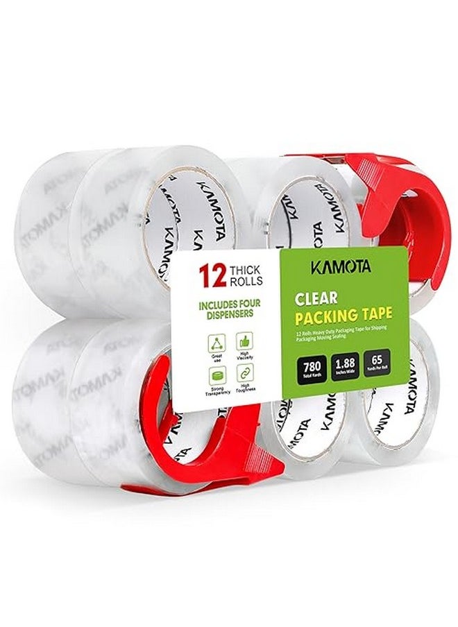 KAMOTA - Packing Tape 12 Rolls Heavy Duty Clear Packaging Tape For Shipping Packaging Moving Sealing 1.88 Inches Wide 65 Yards Per Roll Total 780 Yards With 2 Dispensers - Image 1