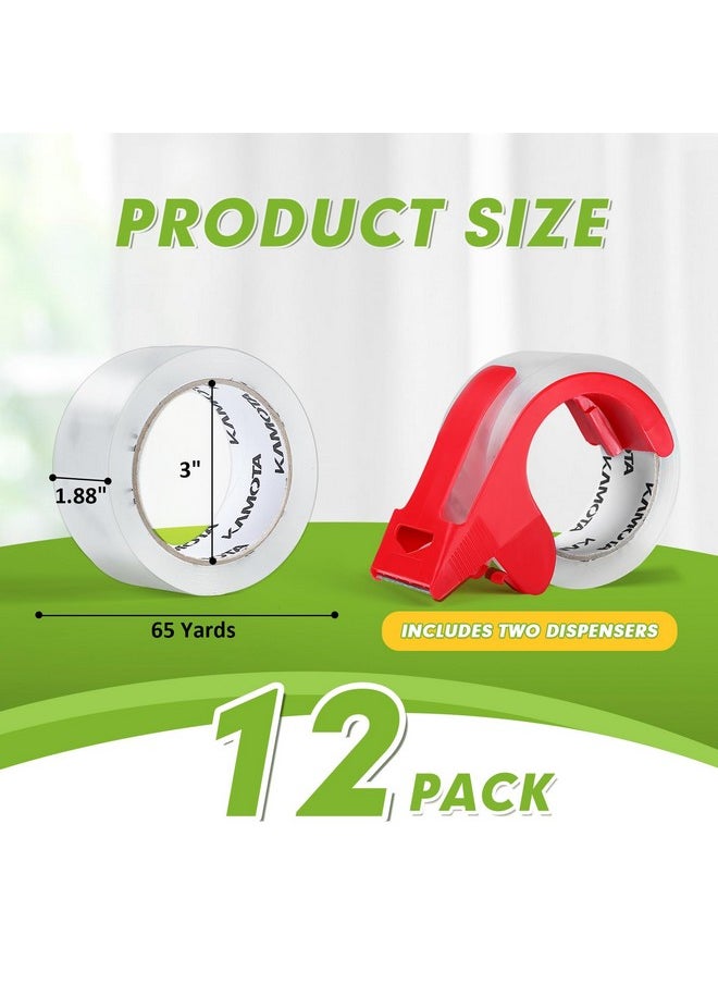 KAMOTA - Packing Tape 12 Rolls Heavy Duty Clear Packaging Tape For Shipping Packaging Moving Sealing 1.88 Inches Wide 65 Yards Per Roll Total 780 Yards With 2 Dispensers - Image 1