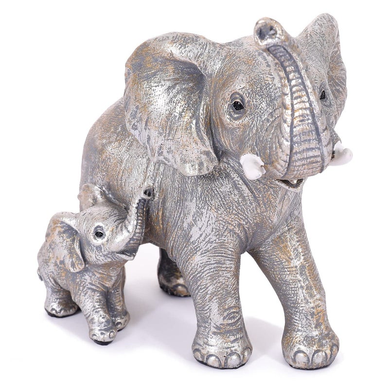 FriyGardcn Cute Silver Elephant Statue Home Dcor Good Luck Elephant with The Baby Dcor for Shelf Good Gifts for Women Decoration for Living Room Bedroom Office