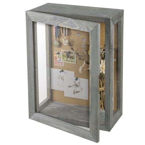 MyGift 11x15 Deep Shadow Box Frame Display Case Wall Mount for Picture Heirloom Home Office Dcor Wedding Military Memorabilia Display Solid Wood Clear Acrylic Magnetic Lock Grey - Image 1