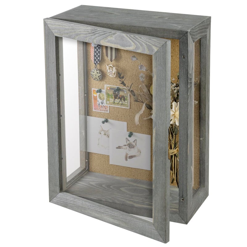 MyGift 11x15 Deep Shadow Box Frame Display Case Wall Mount for Picture Heirloom Home Office Dcor Wedding Military Memorabilia Display Solid Wood Clear Acrylic Magnetic Lock Grey - Image 2