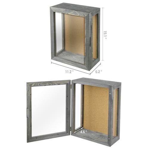 MyGift 11x15 Deep Shadow Box Frame Display Case Wall Mount for Picture Heirloom Home Office Dcor Wedding Military Memorabilia Display Solid Wood Clear Acrylic Magnetic Lock Grey - Image 3