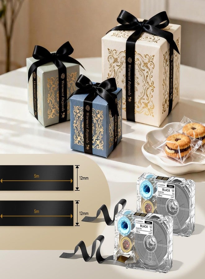 Phomemo A30 P15 Exclusive Embellish Gold Print on Black Satin Ribbon, Fabric Ribbons for Gift Wrapping, Wedding Bouquets, DIY Crafts, Valentine's Day, Party Decor, 12mm x 5m, 2 Packs - Image 3