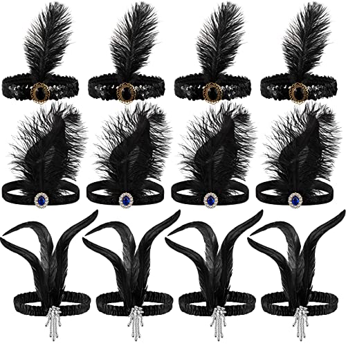 Seematn 12 Pcs 1920s Flapper Headband Flapper Headpiece 1920s Accessories Feather Headband for 20s Theme Party Carnival (Black) - Image 1