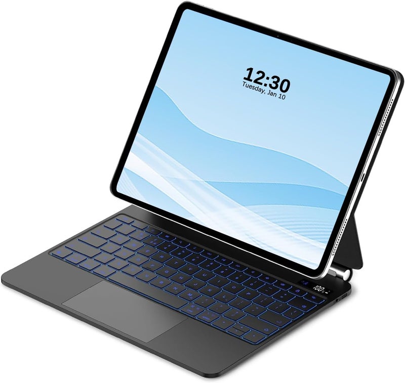 آرترابيت 【Arabic English】حافظة لوحة مفاتيح سحرية لـ iPad Air 13" M4/M3/M2 و iPad Pro 12.9 بوصة (الجيل السادس/الخامس/الرابع/الثالث)، حافظة لوحة مفاتيح مع حامل مغناطيسي، شاشة LCD، لوحة لمس متعددة اللمس، إضاءة خلفية بـ 7 ألوان، أسود - Image 1