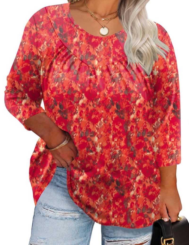TFSDOD Summer 2026 Womens Fashion Crew Neck 3/4 Length Elbow Sleeve Tops Loose Fit Work Blouses Boho Floral Shirts Casual 3XL - Image 1