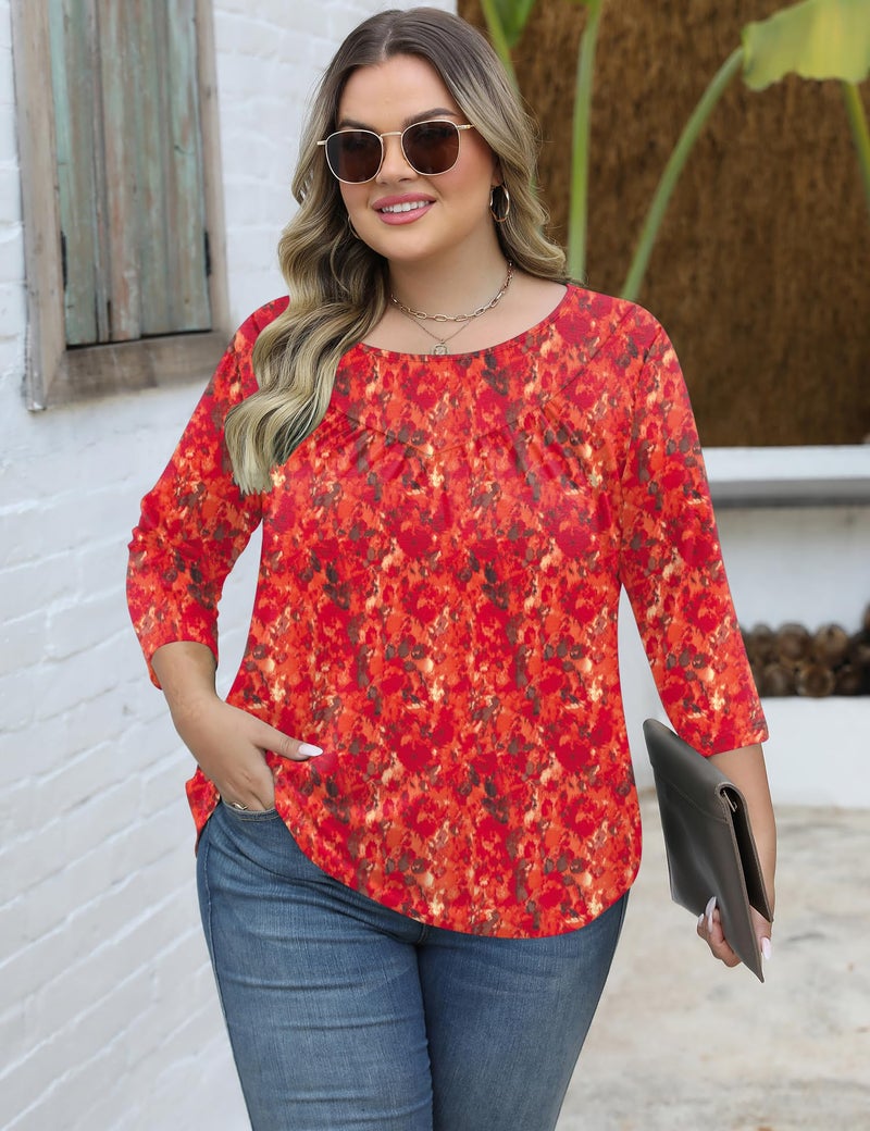 TFSDOD Summer 2026 Womens Fashion Crew Neck 3/4 Length Elbow Sleeve Tops Loose Fit Work Blouses Boho Floral Shirts Casual 3XL - Image 2