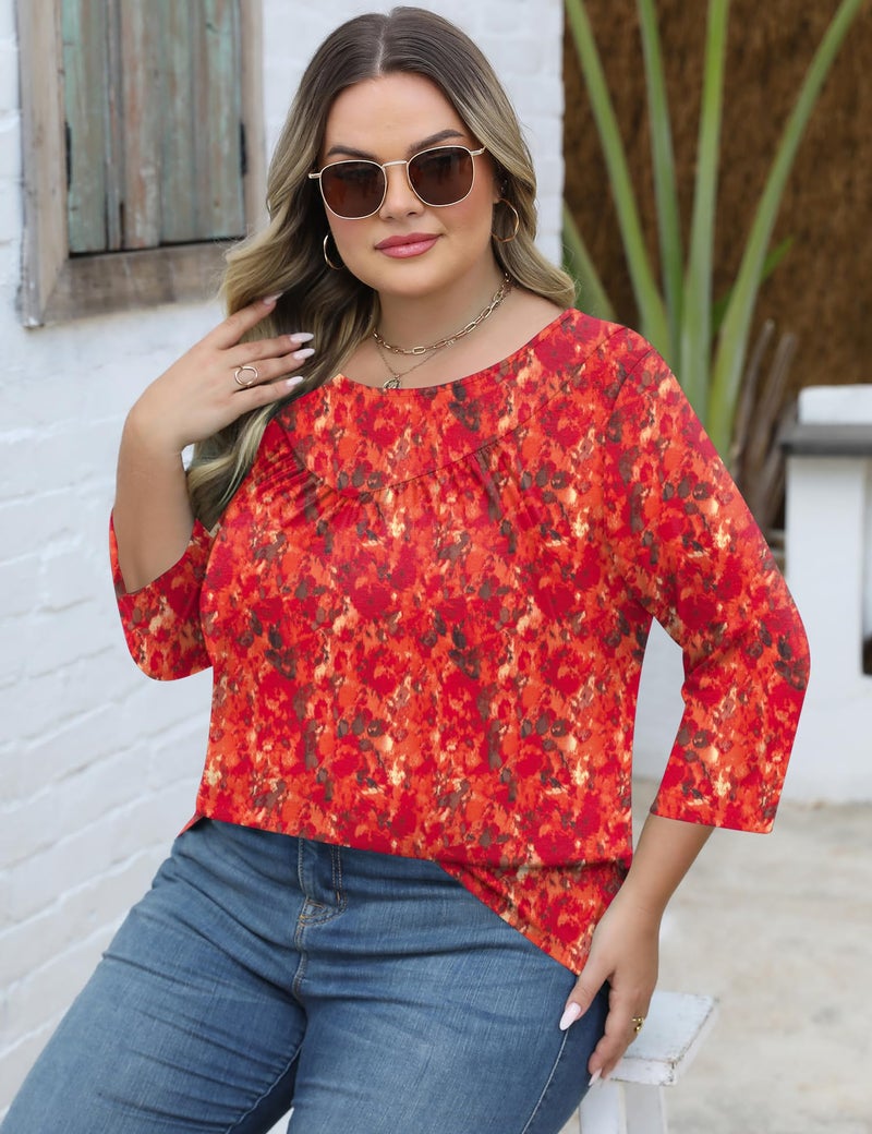TFSDOD Summer 2026 Womens Fashion Crew Neck 3/4 Length Elbow Sleeve Tops Loose Fit Work Blouses Boho Floral Shirts Casual 3XL - Image 4