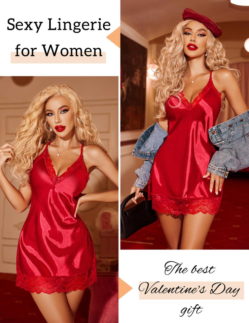 Avidlove Red Lingerie for Women Satin Lace Sexy Dresses Bridal Shower Gifts Valentines Outfits Small - Image 4