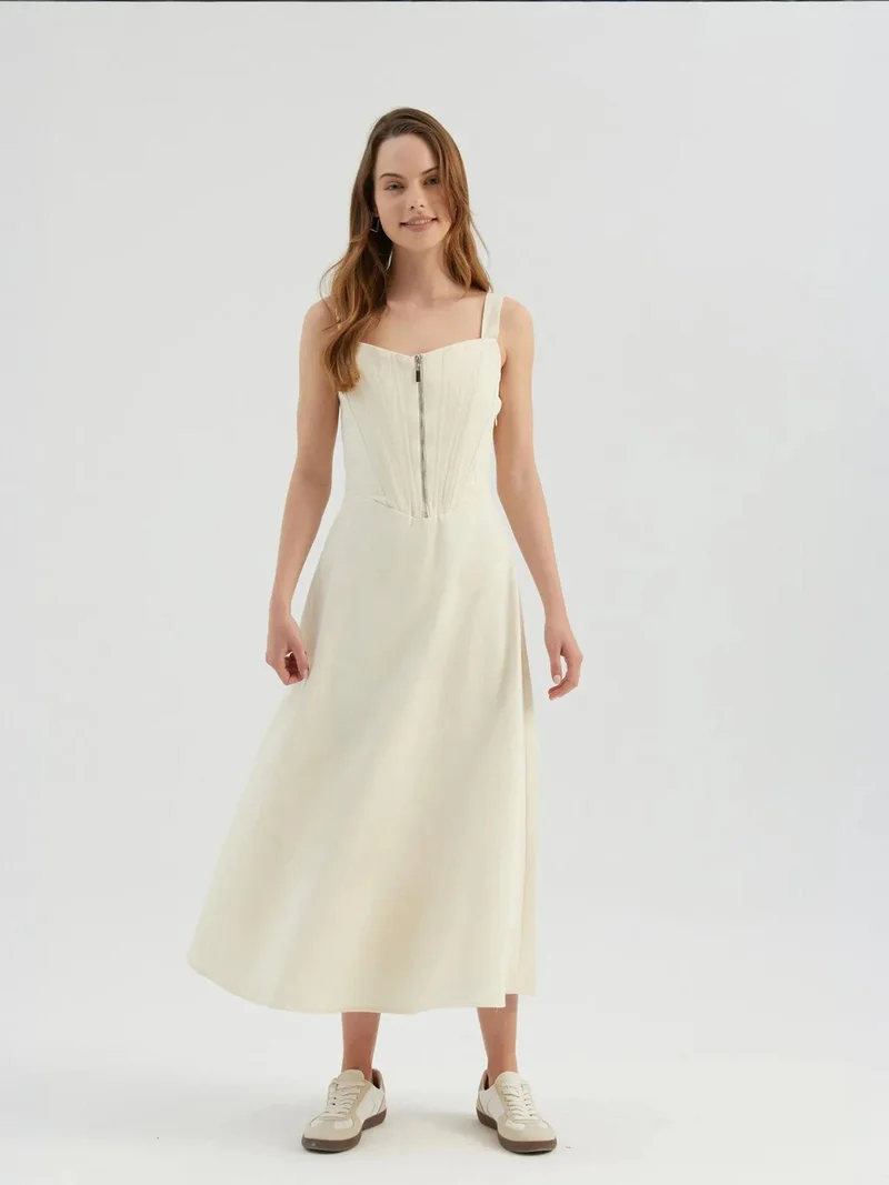 HICCUP Sweetheart Neck Wide Strap Maxi A-line Dress with a Zip Detail