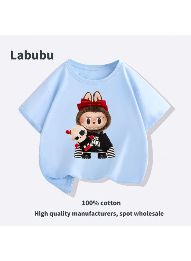 Overseas Labubu Cool Black Style Doll Labubu Summer Pure Cotton Short Sleeve Children's Wear Parent-child Matching T-shirt