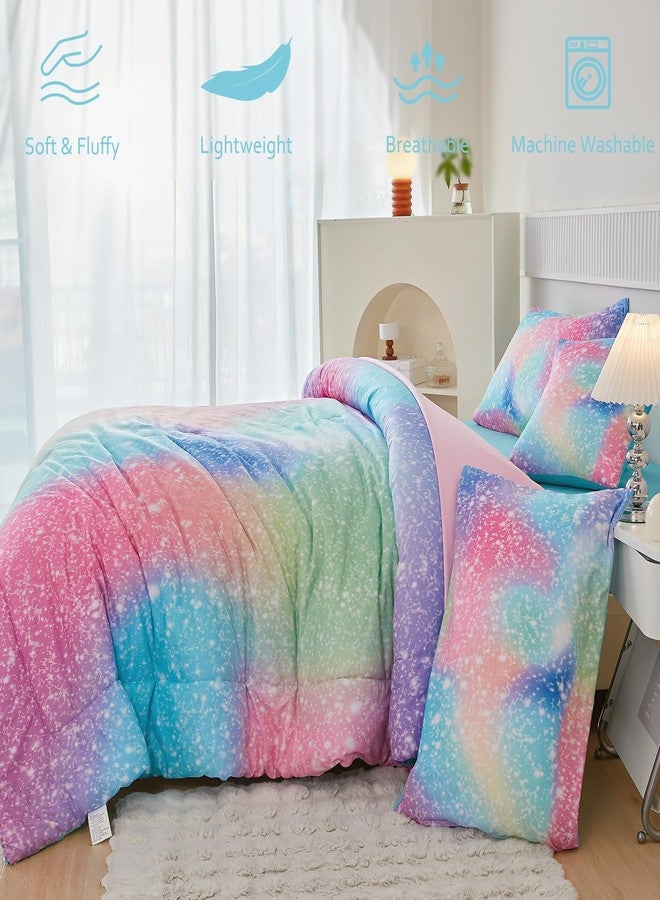 PERFEMET Pink Green Girls Twin Comforter Set, 6 Pieces Colorful Rainbow Kids Bedding Sets, Tie Dye Ombre Glitter Bed in A Bag Comforter Set with Sheets - Image 5