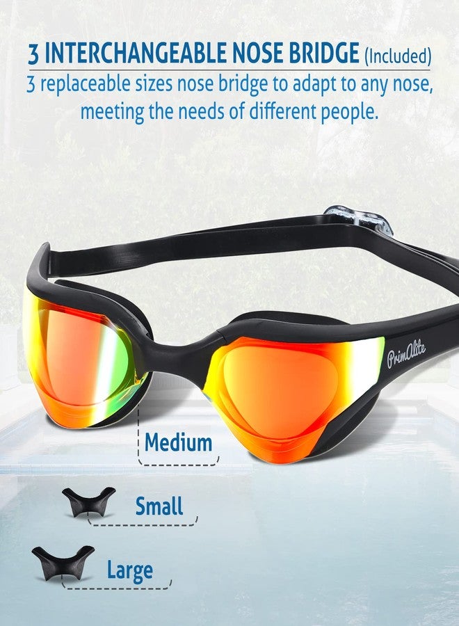 Primalite Swimming Goggles Mirrored-3 Sizes Replaceable Nose Bridge|Anti-Fog,Uv Protection For Adults Men Women-Free Nose Clip,Ear Plugs,Mesh Bag-No Leaking,Adjustable Strap,Wide View-Jet Black - Image 2