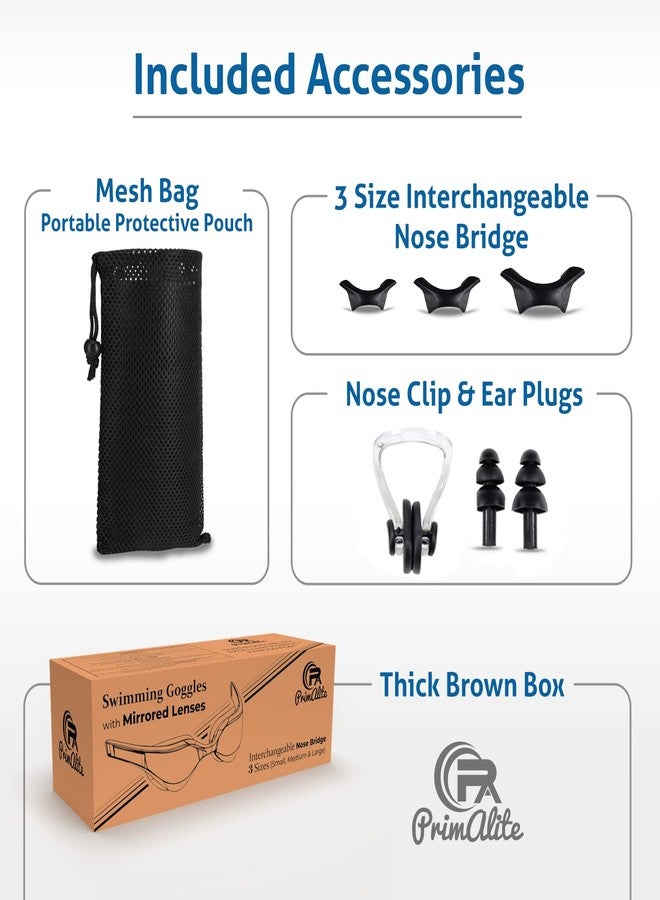 Primalite Swimming Goggles Mirrored-3 Sizes Replaceable Nose Bridge|Anti-Fog,Uv Protection For Adults Men Women-Free Nose Clip,Ear Plugs,Mesh Bag-No Leaking,Adjustable Strap,Wide View-Jet Black - Image 4