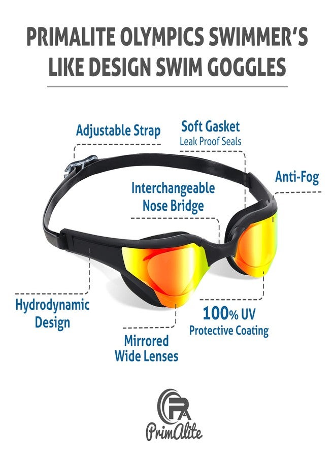 Primalite Swimming Goggles Mirrored-3 Sizes Replaceable Nose Bridge|Anti-Fog,Uv Protection For Adults Men Women-Free Nose Clip,Ear Plugs,Mesh Bag-No Leaking,Adjustable Strap,Wide View-Jet Black - Image 3