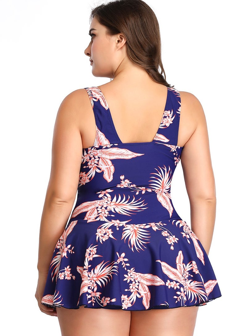 Womens Printed 2 Peice Set Swimsuits Tummy Control V-Neck Wide Straps Swim Dress And Boxer Brief Swimwear Bathing Suits Blue Mix  - Image 3