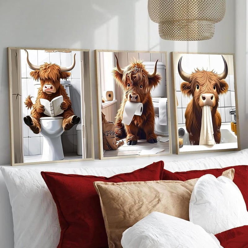 Clendo 3 Pack Cute Cow Bathroom Diamond Art Kits - DIY 5D Farm Animal Diamond Painting Kits for Beginners, DIY Full Drill Diamonds Painting Kits Pictures with Diamond Gem Art Home Wall Decor 12'' x16'' - Image 2