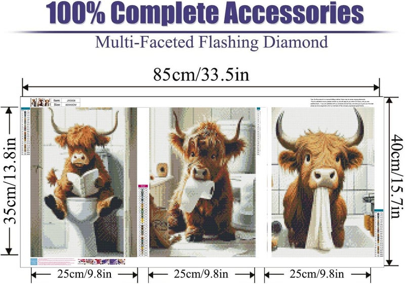 Clendo 3 Pack Cute Cow Bathroom Diamond Art Kits - DIY 5D Farm Animal Diamond Painting Kits for Beginners, DIY Full Drill Diamonds Painting Kits Pictures with Diamond Gem Art Home Wall Decor 12'' x16'' - Image 3