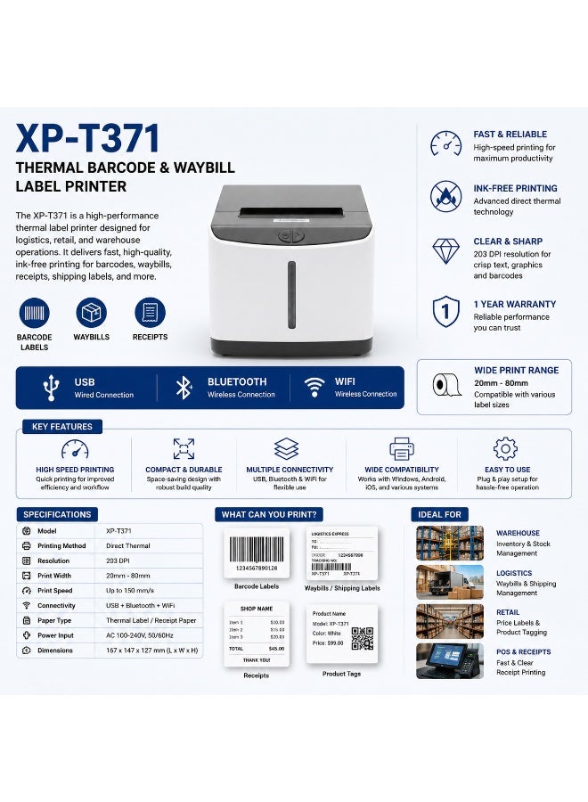 Xprinter Thermal Barcode & Waybill Receipt Label Printer 20 to 80 cm with USB+BT+Wifi Interface 1-Year Warranty XP-T371 - Image 5