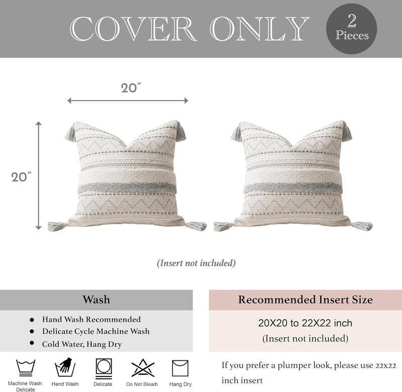 BlissBlush Gray Decorative Throw Pillow Covers 20x20 Combo Set of 2 Square Boho Neutral Grey Accent Pillowcase Tassels Farmhouse Cushion for Couch Sofa Bedroom Living Room Home Décor Cover ONLY - Image 5