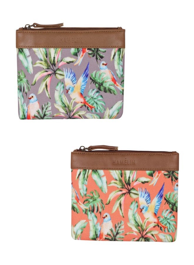 Hamelin Multi Purpose Pouch for Men & Women | Stationary Makeup Medicine Essentials Pouch Travel Organizer | Vegan Leather Purse | Coral & Lilac Flutter | Pack of 2| Ideal Women's Gift - Image 1
