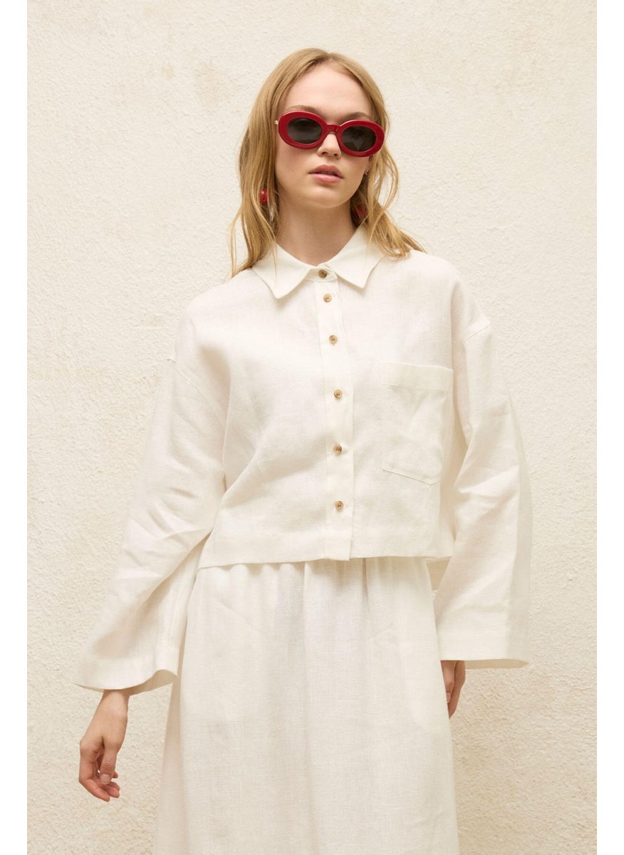 Manuka - Linen Long Sleeve Crop Shirt Ecru - Image 1