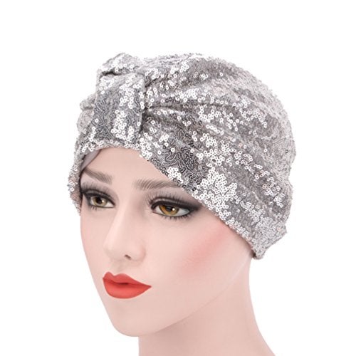 DECOU female Sparkly Sequin Twist Pleated Hair Wrap Stretch Turban S232 (Silver) - Image 2