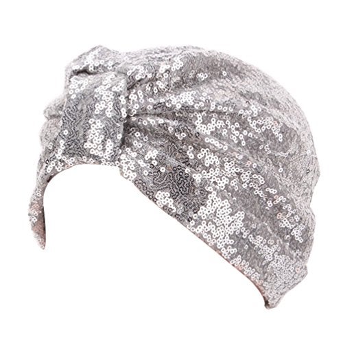 DECOU female Sparkly Sequin Twist Pleated Hair Wrap Stretch Turban S232 (Silver) - Image 1