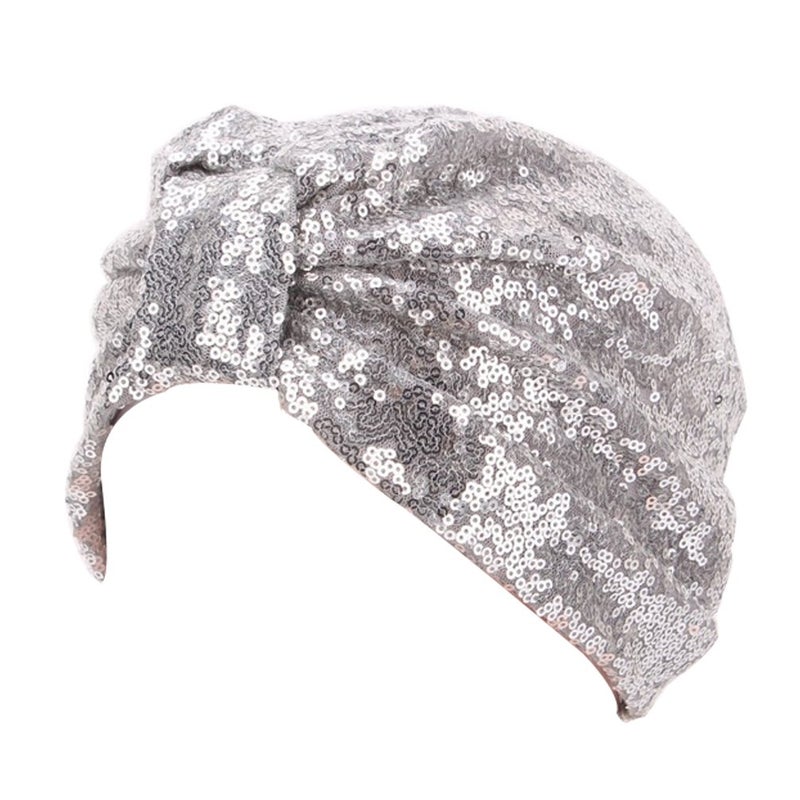 DECOU female Sparkly Sequin Twist Pleated Hair Wrap Stretch Turban S232 (Silver) - Image 5
