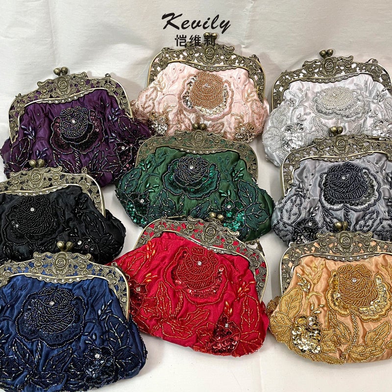 Now "Kai Weili Rose Embroidered Sequins Embroidered Beads Evening Bag Retro Dress Party Cheongsam Handbag - Image 3