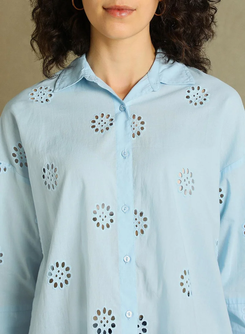 Dennis Lingo Women's Light Blue 100% Cotton Embellished Relaxed Fit Shirt