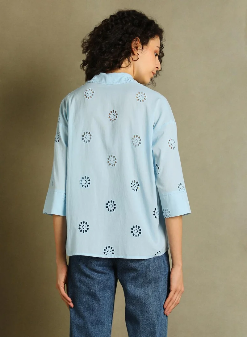 Dennis Lingo Women's Light Blue 100% Cotton Embellished Relaxed Fit Shirt